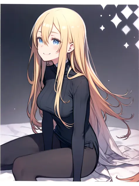 sitting on the sofa and answering an interview、green turtleneck sweater、Smiling、The blond haired、hair between eyes、long hair、blue eyes、white skin、Big breasted woman in black pantyhose with transparent skin、red face、Smiling、slightly from the side、