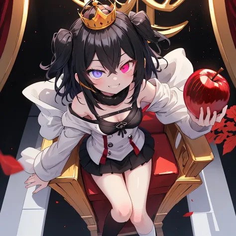 cute,cool,eating a red apple,with a grin expression,wearing one gold crown on her head,facing the front,,Moose Sleeve,,sitting cross-legged on the throne,shoulder out,white and black hair,pixiv,eyes are shining, poor breasts,My eyes are glowing red,,,Encha...