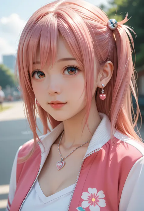 , Japanese beautiful girl, pink hair, honoka, sport jacket, micro skirt,乳沟,低胸, , earrings, necklace, flower,调皮的表情, cowboy shots, close view of head