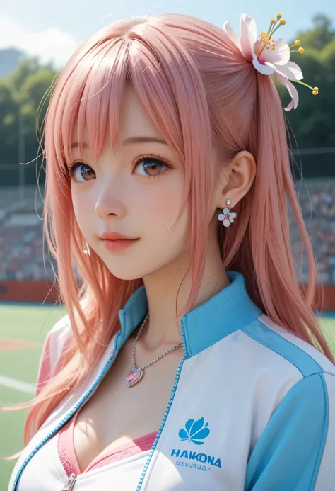 , Japanese beautiful girl, pink hair, honoka, sport jacket, micro skirt,乳沟,低胸, , earrings, necklace, flower,调皮的表情, cowboy shots, close view of head