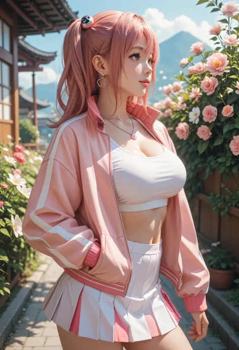 , Japanese beautiful girl, pink hair, honoka, sport jacket, micro skirt,乳沟,低胸, , earrings, necklace, flower,调皮的表情, big breasts