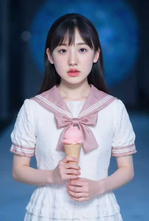 HD, 8K, HIGH RESOLUTION, cinematic, photoshoot, detailed face, this masterpiece features a young Asian woman, likely in her mid to late s in a photoshoot. Her hair is a ponytail. She is wearing a white sailor uniform inspired outfit with a solid pink colla...