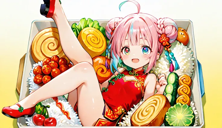 A cute anime girl with long pastel pink hair fading to aqua blue, styled in twin buns with braids and colorful tassel decorations. She has large heterochromatic eyes (purple and blue) and is wearing a red and gold Chinese-inspired mini dress with floral pa...