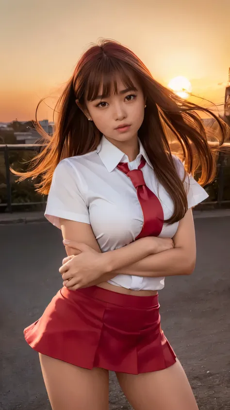 masterpiece,Top quality,high resolution,(Realistic,photo Realistic:1.37),anatomically accurate.
rooftop, dim sky,((bright red sunset:1.5)),(In the Wind :1.5)),ung and beautiful Japanese woman,High school girl,(balanced:1.3),Smile.
cowboy shot, Front Map,(S...