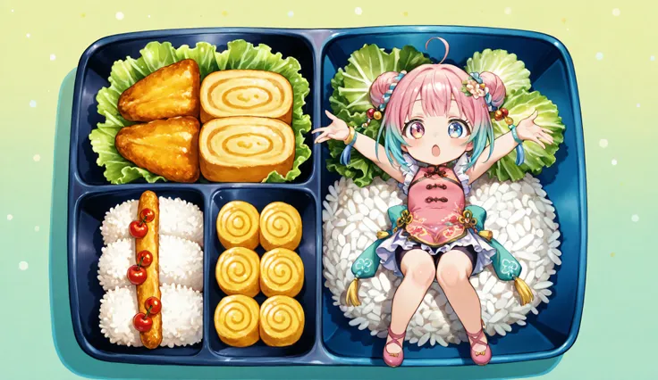 A cute anime girl with long pastel pink to aqua gradient hair, styled in twin buns with colorful tassel ornaments, lying playfully on her back inside a bento box. She has large, expressive heterochromatic eyes (purple and blue), a slight blush, and a surpr...