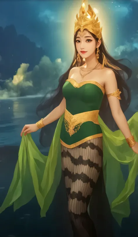 a beautiful queen Lady, Long black hair with gold glowing eyes, smiling, pink glossy lips, wearing off shoulder (((lime (lime green colored ) mini corset, ( yellow shawl) long green skirt with batik motive,))) ((visible belly and thick fit body)), (( acces...