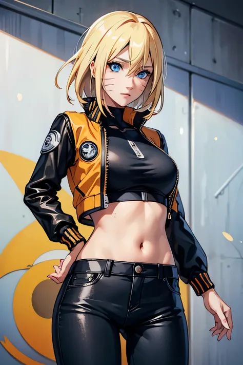 (Meisterwerk, best quality:1.2), expressive eyes, perfektes Gesicht, high resolution, 1 girl, Allein, (weiblich:1.5), Narukouzumaki, blaue Augen, blondes Haar, langes Haar, Gesichtsmarkierung, mustache markers, kurzes Haar, long sleeves, Jacke, opened Jack...