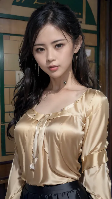 best quality, Realistic, super detailed, down to the last detail, High resolution, 4k wallpaper, Beautiful woman, (Small Breasts:1.2), (Trendy Hairstyles), Earrings, wore a suit, perfect dynamic composition, beautiful and delicate eyes, delicate hair, Roun...