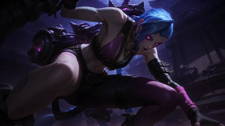 Jinx from League of legends, Solo potrait,Physically-based Rendering, professional, ultra-fine painting, extremely detailed description, detailed face and eyes, Realistic, unreal engine, digital art painting, hyper-realistic,Standing with his head down, lo...