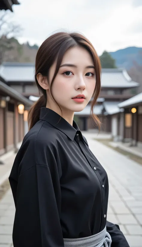 Japanese Beauty 28 years old Daytime winter Standing alone at Kiyomizu-dera Temple in Kyoto E cup bust Shirt Beautiful Bust Line Beautiful Body Lines real people elegant face Elegant Face staring at me