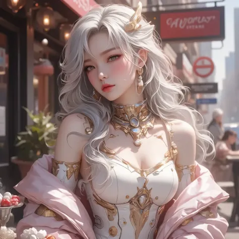 ((OC Emotion Codex))((New York street corner、woman sitting on a cafe terrace))、OC Emotion Codex(masterpiece、Top Quality、make original characters!express their emotions with nuanced expressions and body language steampunk art、sunlight、(depth of written boun...