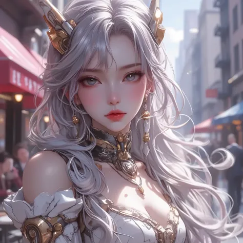 ((OC Emotion Codex))((New York street corner、woman sitting on a cafe terrace))、OC Emotion Codex(masterpiece、Top Quality、make original characters!express their emotions with nuanced expressions and body language steampunk art、sunlight、(depth of written boun...