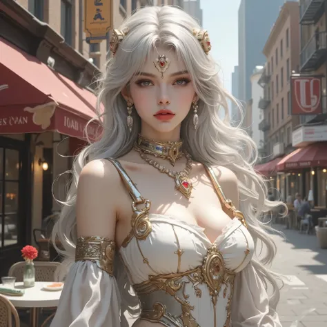 ((OC Emotion Codex))((New York street corner、woman sitting on a cafe terrace))、OC Emotion Codex(masterpiece、Top quality、make original characters!express their emotions with nuanced expressions and body language steampunk art、sunlight、(depth of written boun...