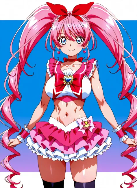 score 9 、score 8 up、score 7 up、source anime、masterpiece、best quality、best resolution、very detailed face、 very detailed eyes、very detailed、anime coloring、1girl、cure melody、female character is wearing a pink and magenta dress、beefcake standing、pink hair、high...