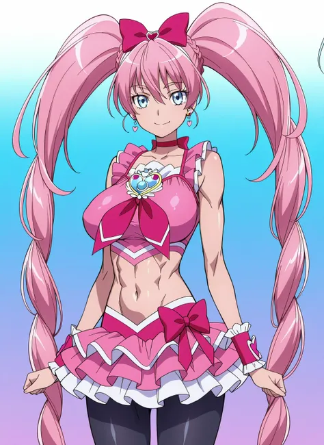 score 9 、score 8 up、score 7 up、source anime、masterpiece、best quality、best resolution、very detailed face、 very detailed 、very detailed、anime coloring、1girl、cure melody、female character is wearing a pink and magenta dress、beefcake standing、pink hair、high twi...