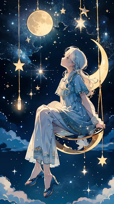 Best wishes 、 Looking up at the moon 、、 float the Give me a hand moon in the sky、moon swing to expand the space between legs 、 Top quality、masterpiece、 official art、 Super Detailed、32K、Full HD、CG、 High Definition )))、 best combination 、The gol...