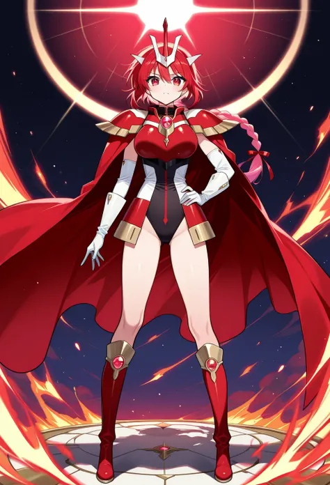 score 9 、score 8 up、score 7 up、傑作、best quality、best image quality、best resolution、anime、1girl、solo、 AEHikaruFinal、red eyes、red hair、long hair、braided ponytail、hair between eyes、hair ribbon、long braid、single braid、armored dress、red armorarmor、Hairband Headg...