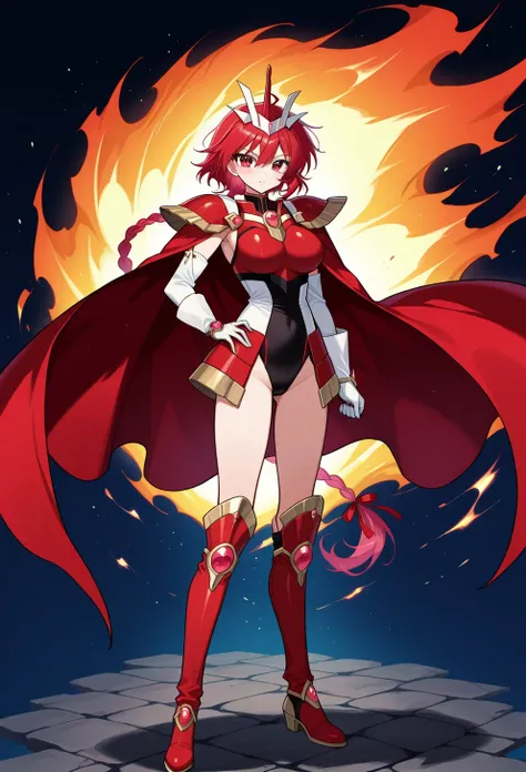 score 9 、score 8 up、score 7 up、傑作、best quality、best image quality、best resolution、anime、1girl、solo、 AEHikaruFinal、red eyes、red hair、long hair、braided ponytail、hair between eyes、hair ribbon、long braid、single braid、armored dress、red armorarmor、Hairband Headg...