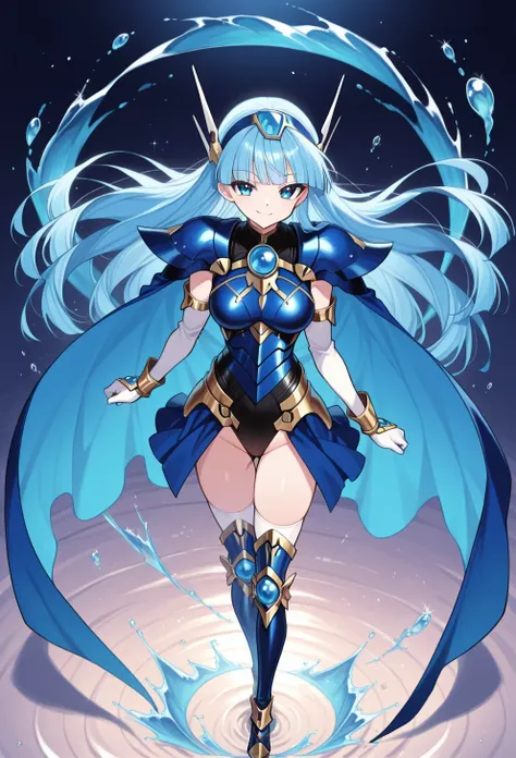 score 9 、score 8 up、score 7 up、傑作、best quality、best image quality、best resolution、anime、1girl、solo、 standing、light smile、water drop、hydrokinesis、AEUmiFinal、blue eyes、blue hair、long hair、blunt bangs、blue hairband、armored dress、blue armor、Hairband Headgear、b...