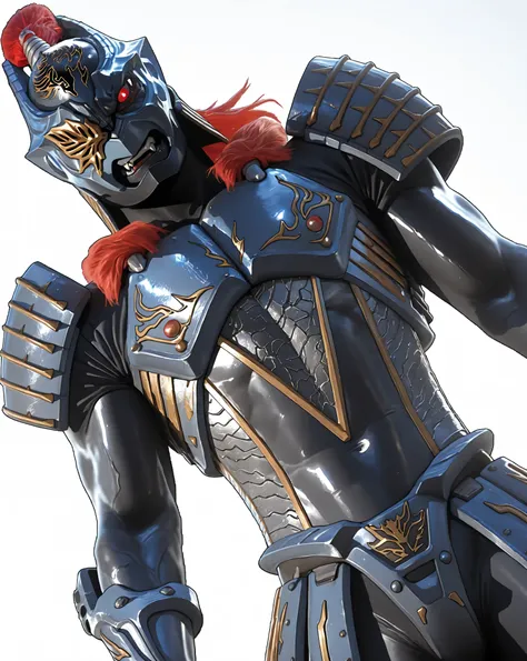 (Zamushar, pitch black body manly, masculine, mature, muscular, defined muscles, bara, detailed armor), nsfw, monster male, shiny skin, red hair, white pupils, fangs, uneven eyes, (one-eyed), chest armor, waist armor, Gauntlets, (muscular), leg guard, evil...