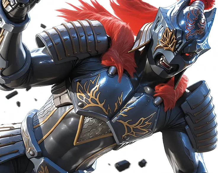 (Zamushar, pitch black body manly, masculine, mature, muscular, defined muscles, bara, detailed armor), nsfw, monster male, shiny skin, red hair, white pupils, fangs, uneven eyes, (one-eyed), chest armor, waist armor, Gauntlets, (muscular), leg guard, evil...
