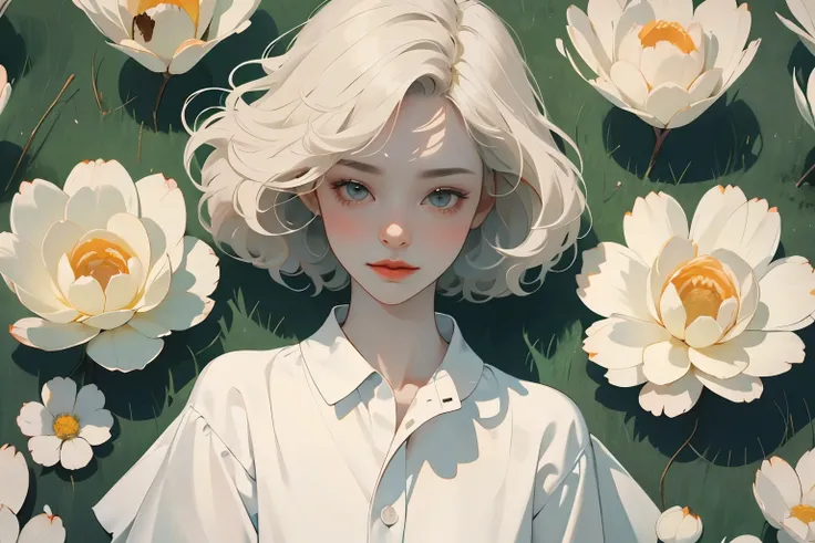 386 (20 year old woman),(short hair),(gentle smile),(high quality photos),( cinematic pictures playing on the lawn ),(colorful),(Floral),((Light and Shadow Contrast))