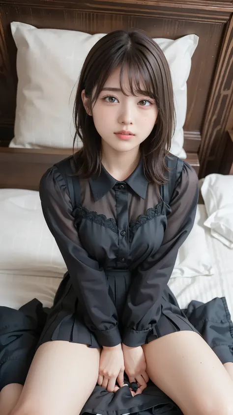 masterpiece, Best Quality, Illustration, Super Detailed, Fine Details, high resolution, 8k,Wallpaper, Perfect Dynamic Composition,(detailed high quality, eyes:1.3), lying on a bed, short hair, (Wave Hair:1.2), high school classroom、High School Girl Uniform...