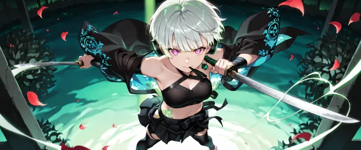 ((masterpiece, best quality, ultra detailed, high resolution, beautiful detailed face, beautiful detailed eyes, perfect hands, 4K)), (1 woman, solo), (medium breasts), (girl with short pixie cut, straight bangs, soft layers, neat around ears and nape, gree...
