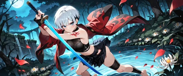((masterpiece, best quality, ultra detailed, high resolution, beautiful detailed face, beautiful detailed eyes, perfect hands, 4K)), (1 woman, solo), (medium breasts), (girl with short pixie cut, straight bangs, soft layers, neat around ears and nape, BLUE...
