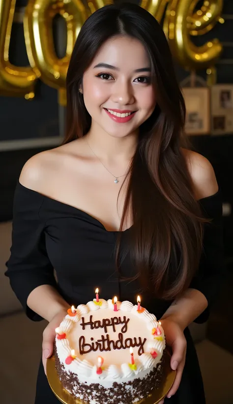 A beautiful indonesian female. 25 years old, Indonesian face. Long straight hair, loose hair, brown hair, side swept bangs. Curvy body, white skin, big breasts. wearing black off shoulder dress. Above view, facing forward. Above view, high angle, close-up....