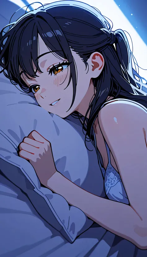 (score_9, score_8_up, score_7_up), source_anime, absurd_res, white, blue, black, 2girls, yuri, couple, duo focus, close-up, anime style, romantic bedroom, soft lighting, bed, cozy pillow, warm atmosphere, holding each other gently, gazing into each other's...