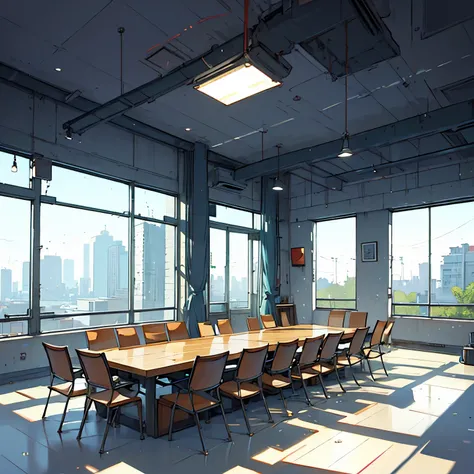 Best Quality， highest resolution ， Modern conference room where video editing meetings are being held 。 There is a large rectangular wooden table in the center 、 and several comfortable design chairs are arranged around it。 a laptop or notebook on the tabl...
