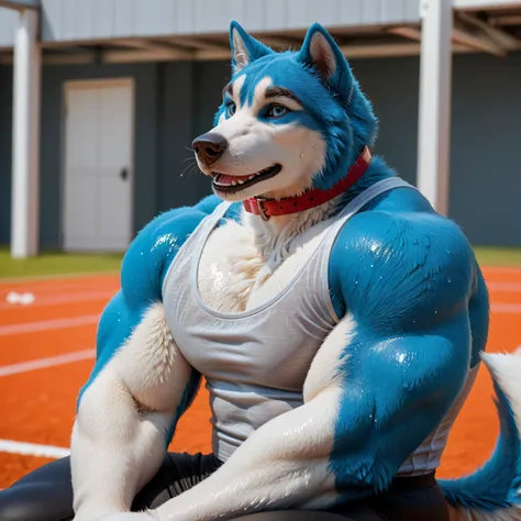 husky dog, realistic, high quality, best resolution, detailed, male, adult, solo, masculine, (very muscular:1.4, heavyweight body:1.2, anthro body, big body), half body:1.1, upper body, detailed eyes, correct muscles, correct anatomy, handsome, strong, str...