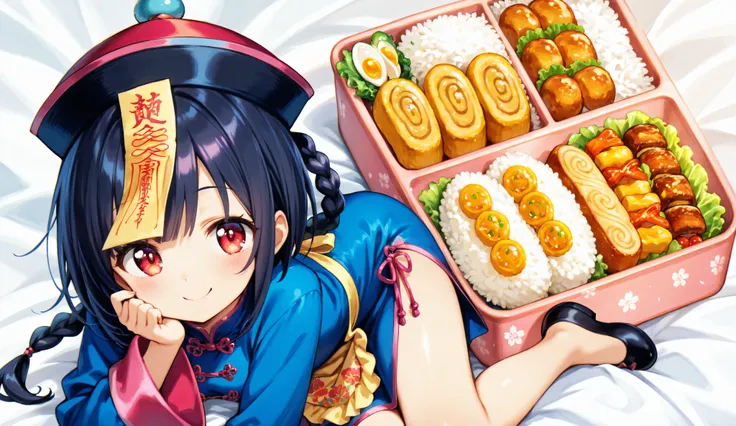 A beautiful anime jiangshi girl with dark braided hair, glowing red eyes, and a mischievous smile, lying inside a bento box in a playful curled-up pose with one leg slightly raised and her back resting on a bed of rice. She wears a detailed blue Chinese dr...