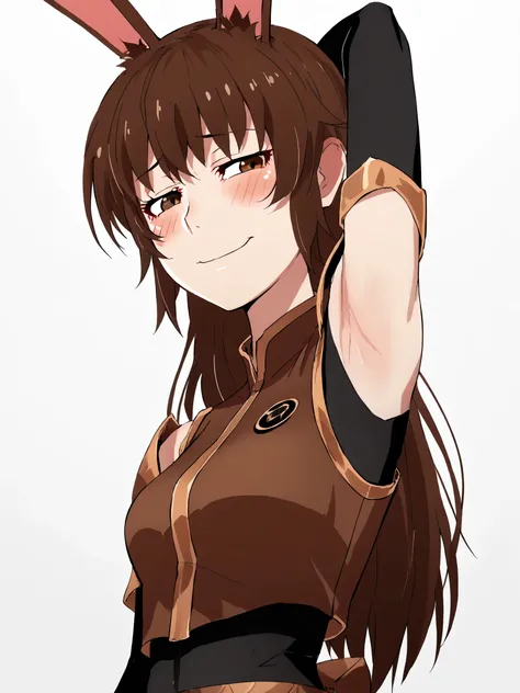 score_9, score_8_up, score_7_up, source_anime, anime coloring, masterpiece, best quality, amazing quality, anime screencap, 1girl, solo, Velvet_RWBY, Rabbit ears, brown hair, brown eyes, black body suit, brown armor, armpit cutout, exposed armpit, arm behi...