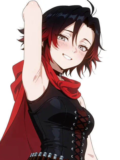 anime coloring, masterpiece, best quality, amazing quality, anime screencap, 1girl, solo, RubyR0se, black hair, red hair, two tone hair, gray eyes, Vol7Huntress, parted bangs, choker, cape, black corset, undershirt, bandolier, sleeveless, bare shoulders, b...