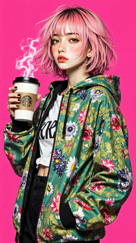 The background is treated with a bright pink solid color to accentuate the modern and sophisticated atmosphere {x} Draw a girl with short pink hair and a green hooded jacket with a unique pattern. She is holding a coffee cup and, upper body. highlights the girl's chic expression and stylish costume, and, shows the urban sense and personality of the girl with a close-up shot of the.

