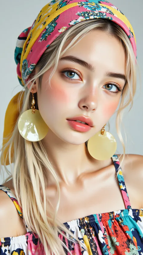 8k, Masterpiece, Top Quality, close-up shot, woman, long platinum blonde hair, some hair tied with yellow fabric, light grey eyes, defined eyeliner, natural pink lips, wearing colorful patterned headscarf in pink, yellow, teal, floral designs, large transl...