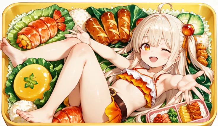 A vibrant, high-resolution anime-style illustration of a fantasy bento box scene featuring a cute anime girl as a "bento fairy." The girl has long, flowing, slightly wavy platinum blonde hair with orange ribbon accessories shaped like shrimp tails. Her eye...