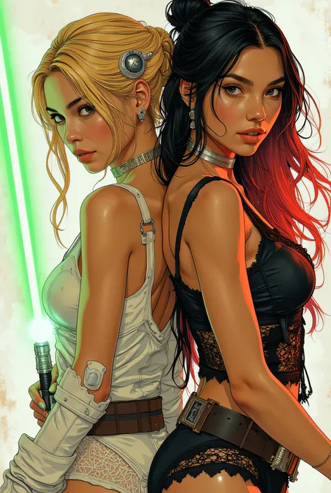 Score_9, score_8_up, score_7_up, ((highest quality)), ((masterpiece)), Perfect Face, (High definition), (Best Shadow), 8k, cinematic. Luis Royo's style, comics sexy art. Two sexiest characters in revealing DOMINATRIX sets (half-bust:1.2), (1)a Jedi blonde ...