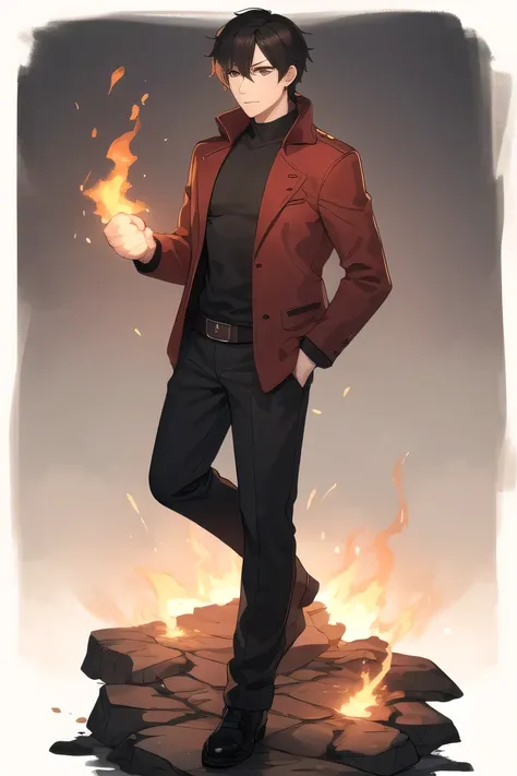 man,adult,good-looking,dark hair,Masterpiece,masterpieces,Nice ,Wearing a jacket, Leisure,Special color,Looks strong,full body,Bushy head,flame effect on fist,Fist pose,is tall,has long legs,Current fantasy