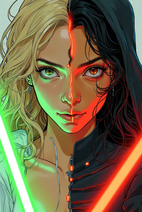 Score_9, score_8_up, score_7_up, ((highest quality)), ((masterpiece)), Perfect Face, (High definition), (Best Shadow), 8k, cinematic. Luis Royo's style, comics sexy art. Two sexiest characters (half-bust:1.2), (1)a Jedi blonde woman with green lightsaber, ...