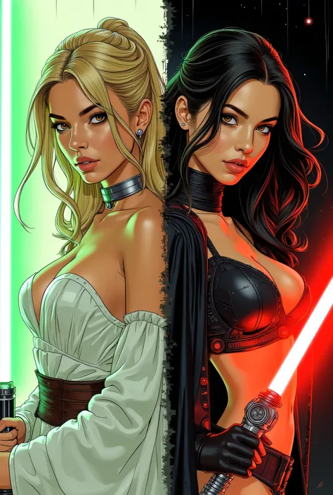 Score_9, score_8_up, score_7_up, ((highest quality)), ((masterpiece)), Perfect Face, (High definition), (Best Shadow), 8k, cinematic. Luis Royo's style, comics sexy art. Two sexiest characters (half-bust:1.2), (1)a Jedi blonde woman with green lightsaber, ...