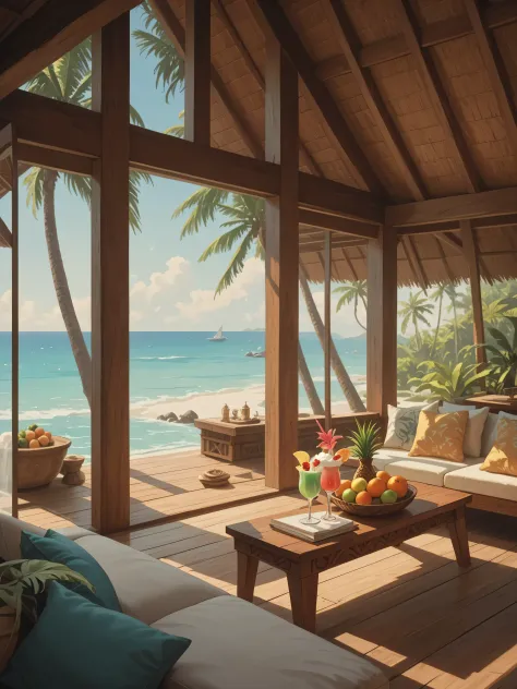 open-air luxury tropical pavilion with minimal walls, a high detailed thatched roof supported by dark wooden beams, wide unobstructed view of the ocean taking up a large part of the frame, infinity pool reflecting the sky, soft white sand beach with lush g...
