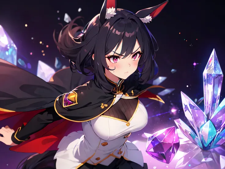 (Solo, alone, horse ears, round breasts, eyeshadow, blush, cape, dark purple background, crystal world, crystal ground, crystal background, upper body only:1.5), (High quality, 8k, 4K, high contrast, masterpiece:1.2, best quality, best aesthetics), ((1 fem...