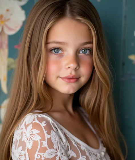 Ultra-realistic photography, highly detailed photo, Intricate details, Beautiful twelve-year-old French woman,  complex skin details , gorgeous straight long light brown hair, beautiful blue eyes, pout, small breasts, artistic background, Pastel colors, be...