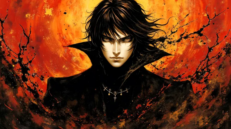 In a strikingly intricate and traditional artwork reminiscent of Ayami Kojima's distinctive style, the formidable figure of ken kaneki

Behindhimr, an abstract background unfolds like a like firey hell—swirling patterns of deep reds and dark oranges mingle...