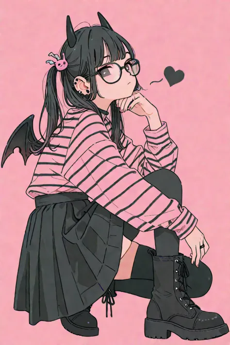 1girl, solo, horns, black_hair, wings, skirt, boots, black_footwear, ring, glasses, long_hair, jewelry, piercing, black_skirt, pink_background, striped_shirt, looking_at_viewer, ear_piercing, striped, shirt, hair_ornament, demon_wings, thighhighs, one_knee...
