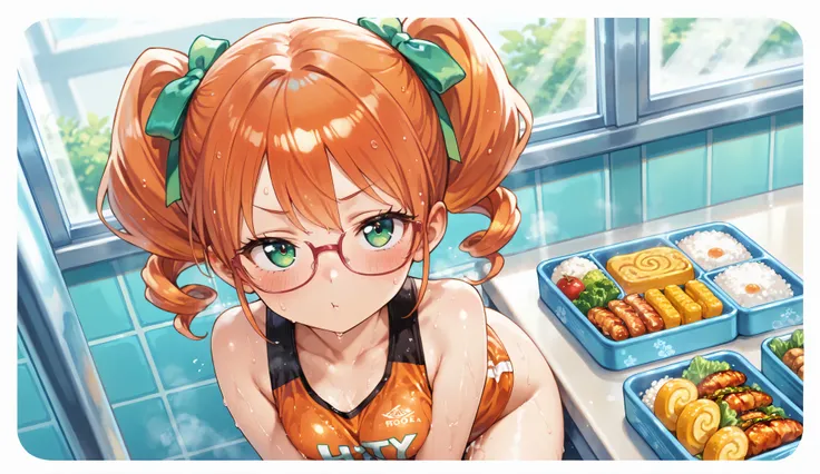 A vibrant, high-resolution anime-style illustration of a fantasy bento box scene featuring a cute anime girl as a "bento fairy." The girl has bright orange curly twin ponytails tied with green ribbons, and large emerald green eyes with a cheerful, confiden...