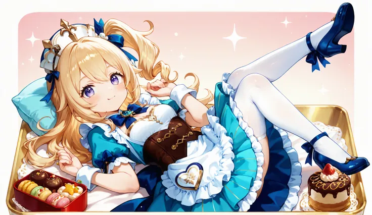 A vibrant, high-resolution anime-style illustration of a fantasy bento box scene featuring a Genshin-style anime girl as a "bento fairy." The girl has long, flowing golden blonde hair with soft curls, decorated with a blue ribbon and elegant accessories. S...